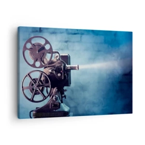 Quadro su tela - Stampe su Tela - Un vecchio proiettore cinematografico proietta luce su uno sfondo blu - 70x50cm - Nel vecchio cinema - Decorazione murale moderna per soggiorno e camera da letto ARTTOR
