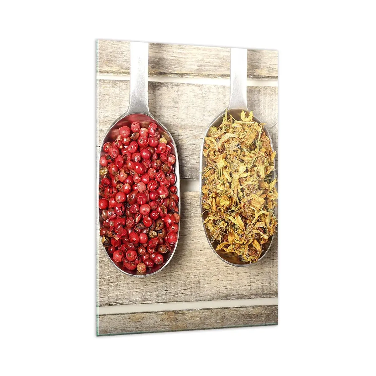 Quadro su vetro - Tre cucchiai di metallo con spezie su uno sfondo di legno - 80x120cm - Magia in cucina - Decorazione murale moderna per soggiorno e camera da letto ARTTOR