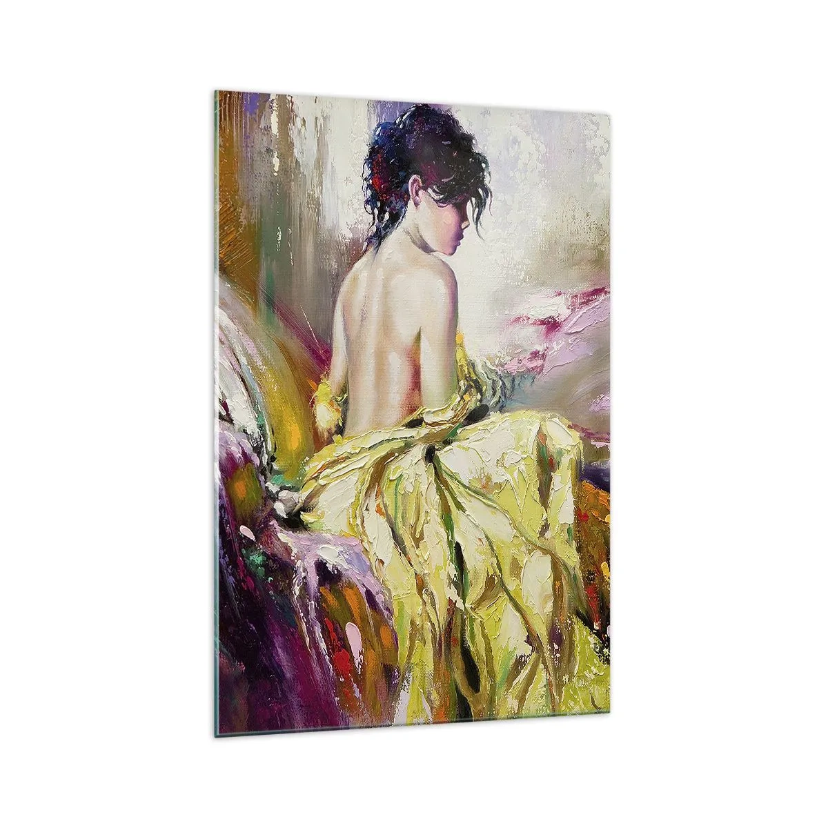 Quadro su vetro - Una scena pittorica di una donna su un letto in un'atmosfera romantica - 70x100cm - Tra la bocca e il bordo della coppa - Decorazione murale moderna per soggiorno e camera da letto ARTTOR