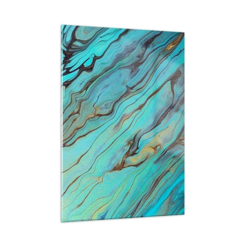Quadro su vetro - Striature astratte in turchese e oro - 50x70cm - Marea turchese - Decorazione murale moderna per soggiorno e camera da letto ARTTOR