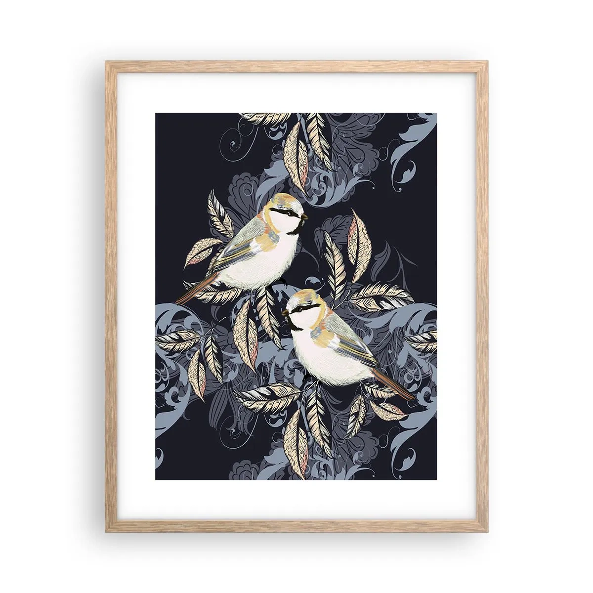 Poster in cornice rovere chiaro - Cinguettio oro e blu - 40x50 cm