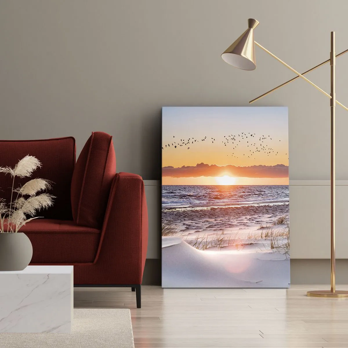 Quadro su tela - Stampe su Tela - Tramonto sul mare con vista sulle dune - 80x120cm - Paesaggio orizzontale - Decorazione murale moderna per soggiorno e camera da letto ARTTOR