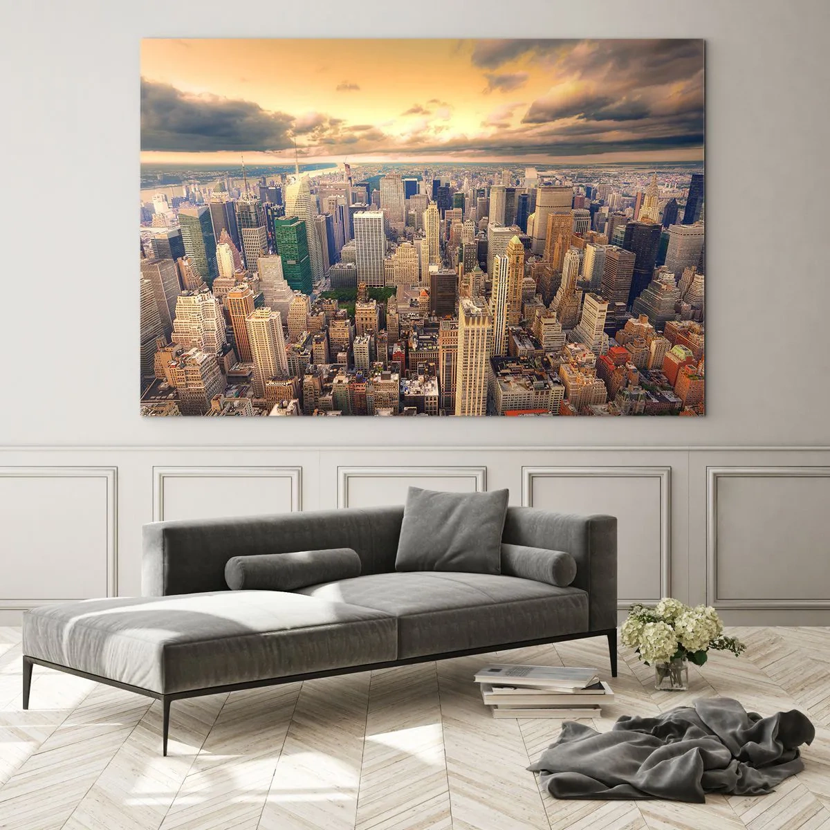 Quadro su vetro - Panorama della città con grattacieli al tramonto - 70x50cm - Metropolis dorata - Decorazione murale moderna per soggiorno e camera da letto ARTTOR