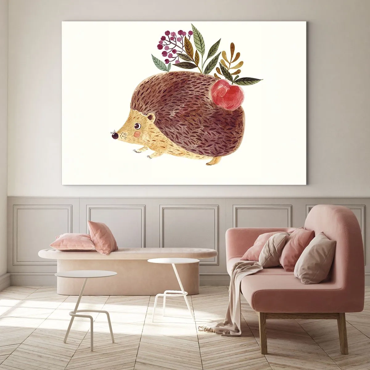 Quadro su vetro - Un riccio dei cartoni animati con una mela e dei ramoscelli sulla schiena - 70x50cm - E mi vuoi già bene - Decorazione murale moderna per soggiorno e camera da letto ARTTOR