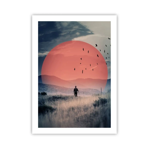 Poster - Un uomo che cammina attraverso un campo contro un sole rosso - 50x70cm - Nei propri elementi - Decorazione murale moderna per soggiorno e camera da letto ARTTOR