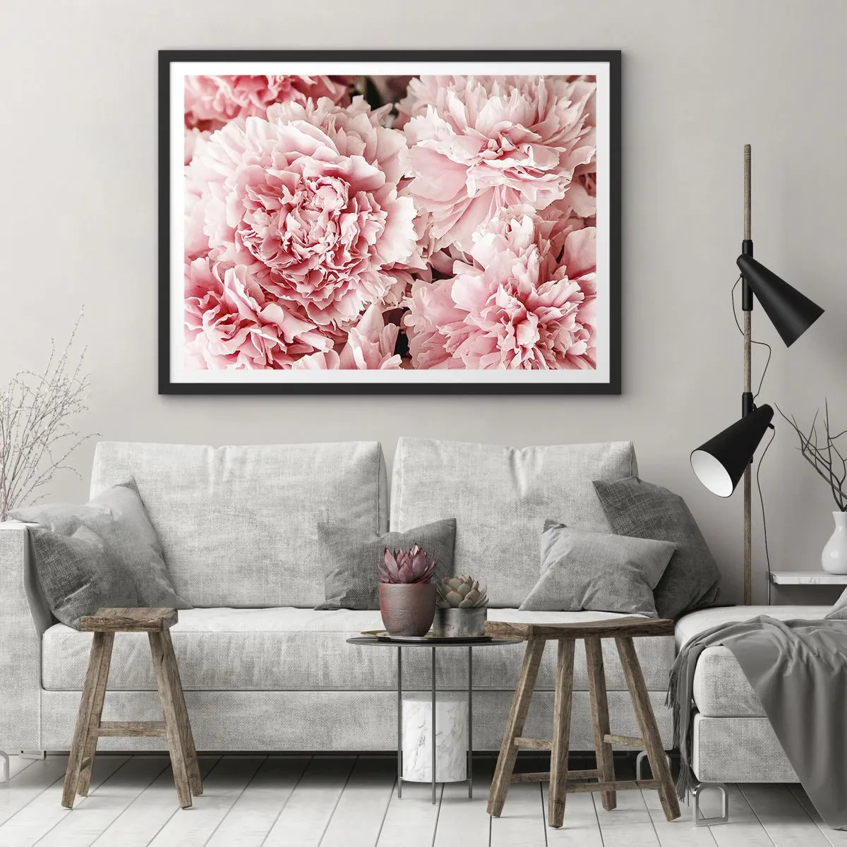 Poster in cornice nera - Delicate peonie rosa in un ambiente delicato - 70x50cm - Sogno rosa - Decorazione murale moderna per soggiorno e camera da letto ARTTOR