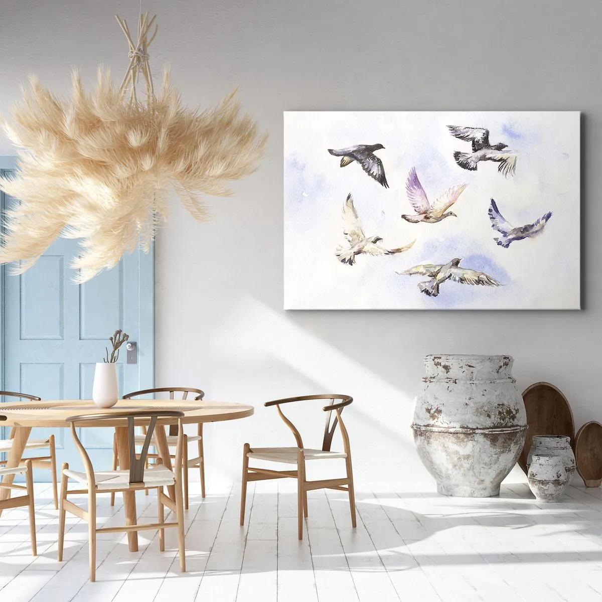 Quadro su tela - Stampe su Tela - Uccelli acquerellati in volo contro un cielo delicato - 100x70cm - Libertà in grigio e blu - Decorazione murale moderna per soggiorno e camera da letto ARTTOR