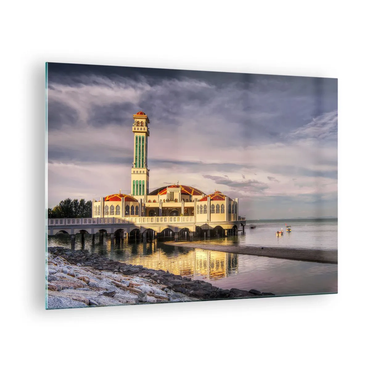 Quadro su vetro - Moschea sull'acqua in una luce pittoresca - 70x50cm - Il tempio della natura - Decorazione murale moderna per soggiorno e camera da letto ARTTOR