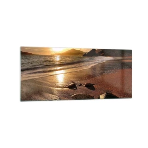 Quadro su vetro - Spiaggia al tramonto con pietre sulla riva - 120x50cm - Seguendo il sole verso le colline - Decorazione murale moderna per soggiorno e camera da letto ARTTOR