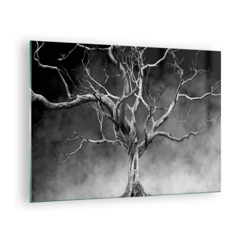Quadro su vetro - Albero nero contro la nebbia - 70x50cm - Primordiale e sacro - Decorazione murale moderna per soggiorno e camera da letto ARTTOR