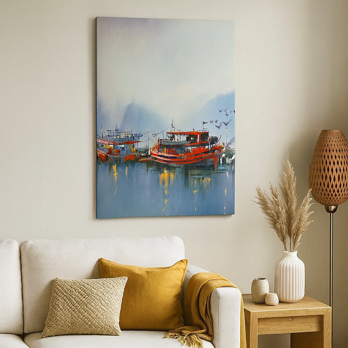 Quadro su tela - Stampe su Tela - Un porto con barche rosse circondato da un paesaggio nebbioso - 50x70cm - Alla fine del mondo - Decorazione murale moderna per soggiorno e camera da letto ARTTOR