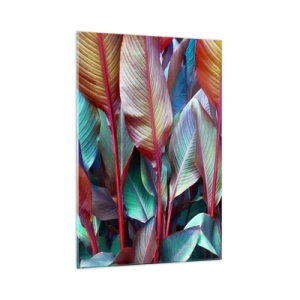 Quadro su vetro - Foglie colorate di piante tropicali nel folto - 70x100cm - Selva colorata - Decorazione murale moderna per soggiorno e camera da letto ARTTOR