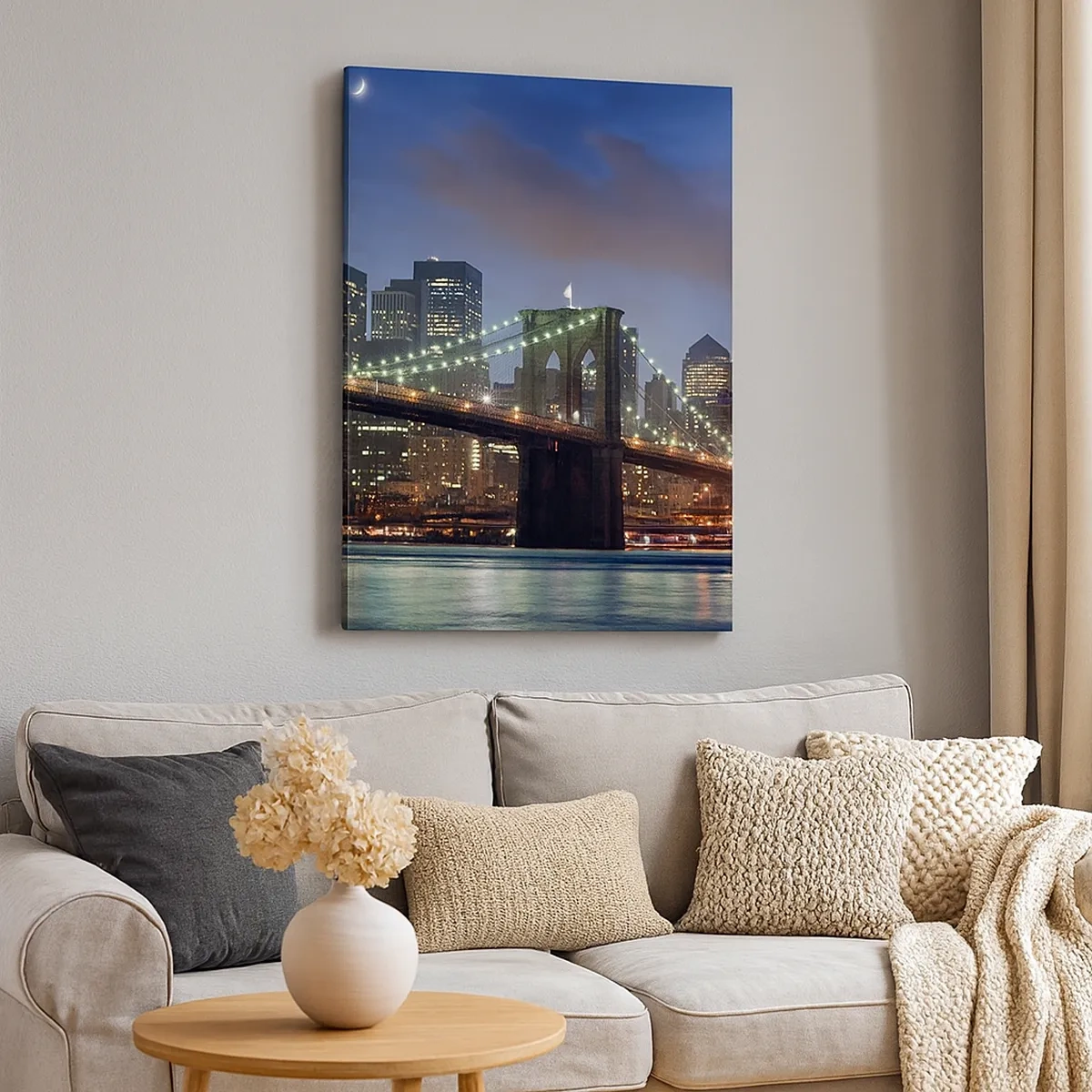 Quadro su tela - Stampe su Tela - Ponte di New York City di notte con edifici illuminati - 50x70cm - Notte illuminata - Decorazione murale moderna per soggiorno e camera da letto ARTTOR