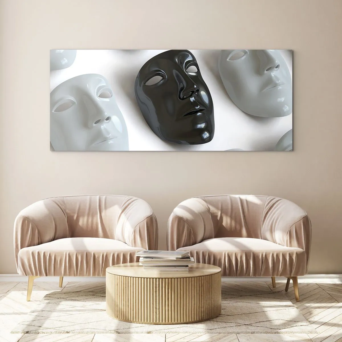 Quadro su vetro - Maschere in bianco e nero su sfondo chiaro - 140x50cm - Come distinguersi? - Decorazione murale moderna per soggiorno e camera da letto ARTTOR