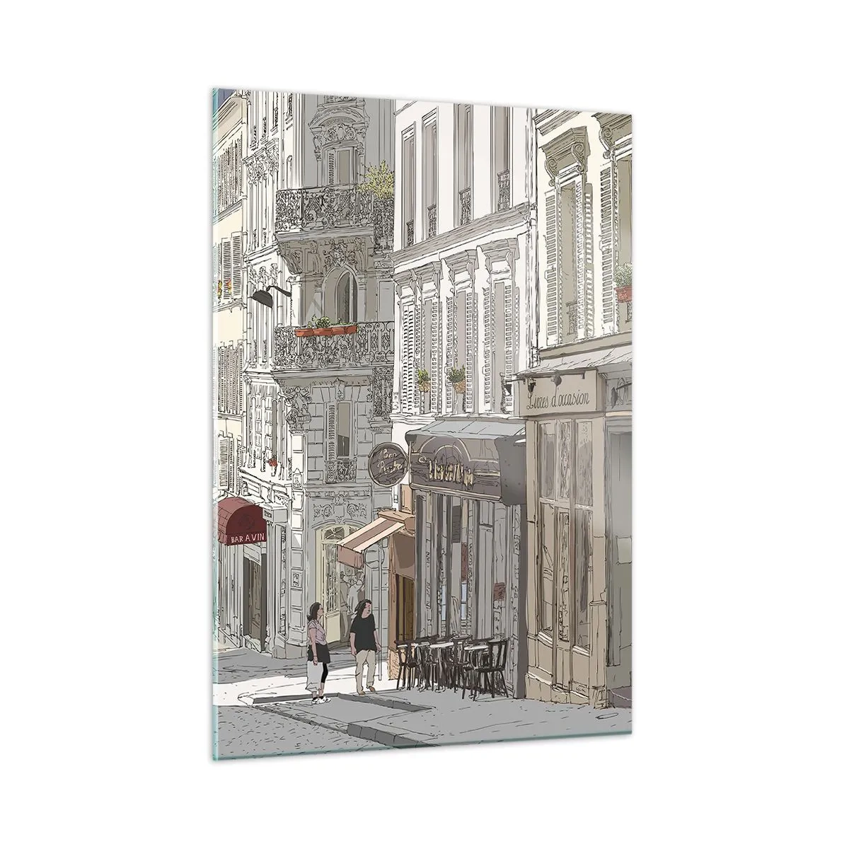 Quadro su vetro - Una strada con caffè in stile urbano artistico - 50x70cm - Gioie cittadine - Decorazione murale moderna per soggiorno e camera da letto ARTTOR