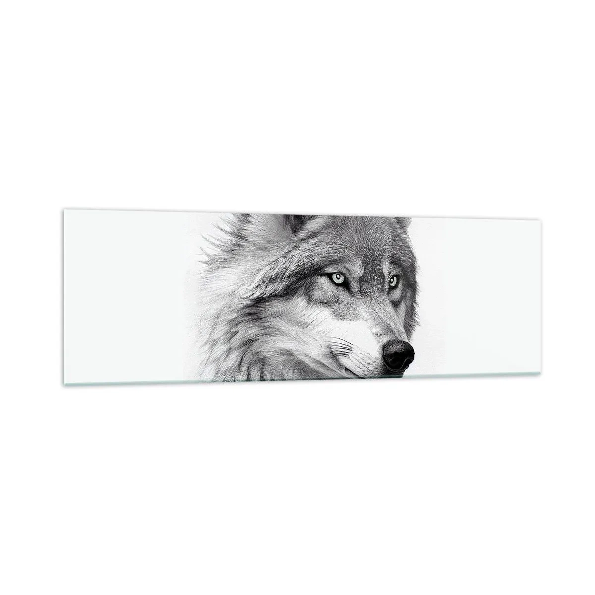 Quadro su vetro - Un ritratto realistico di un lupo in tonalità di grigio. - 160x50cm - Alfa, senza dubbio - Decorazione murale moderna per soggiorno e camera da letto ARTTOR