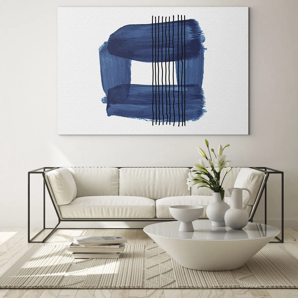 Quadro su vetro - Astrazione moderna nei toni del blu - 100x70cm - Composizione blu e nera - Decorazione murale moderna per soggiorno e camera da letto ARTTOR