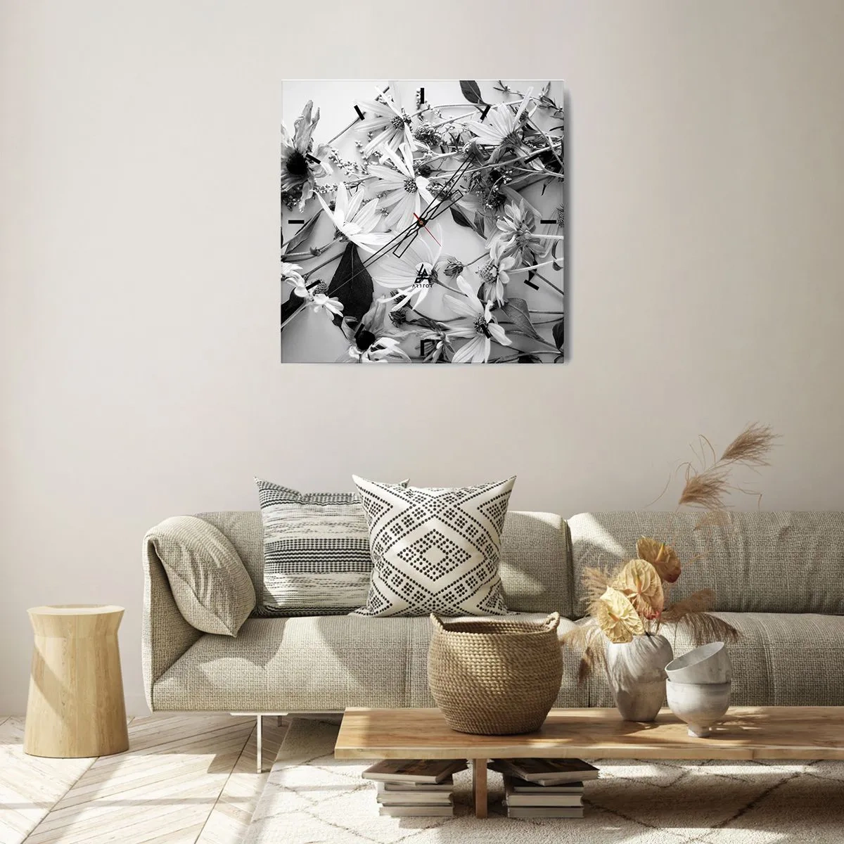 Orologio da parete - Orologio in Vetro - Composizioni floreali in bianco e nero in uno stile artistico sottile - 30x30cm - Un non bouquet di fiori - Decorazione murale moderna per soggiorno e camera da letto ARTTOR