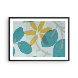 Poster in cornice nera - Foglie nei toni del turchese e del giallo su uno sfondo chiaro - 70x50cm - Tra le foglie azzurre - Decorazione murale moderna per soggiorno e camera da letto ARTTOR
