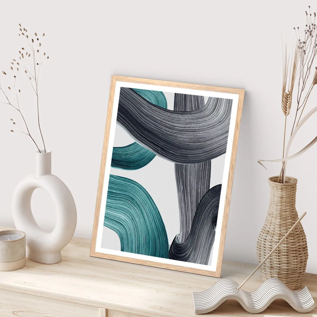 Poster in cornice rovere chiaro - Tracce smeraldo e nero - 70x100 cm