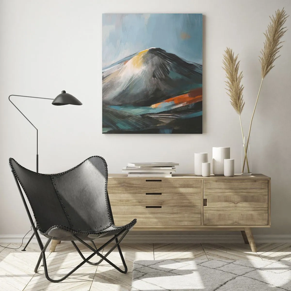 Quadro su vetro - Paesaggio montano astratto in tonalità calde - 80x120cm - Aspri e belli - Decorazione murale moderna per soggiorno e camera da letto ARTTOR