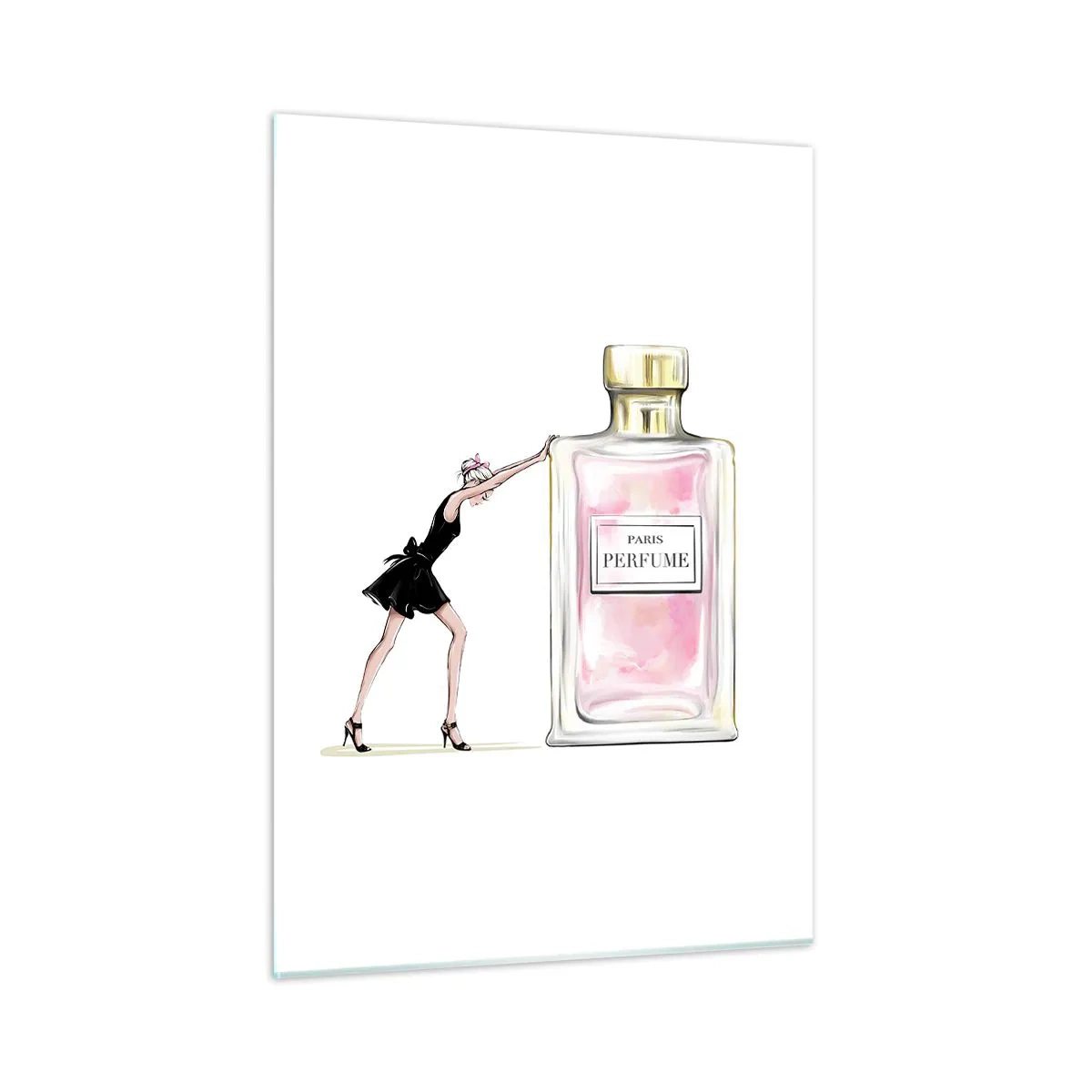 Quadro su vetro - Una donna in abito nero accanto a una grande bottiglia di profumo - 50x70cm - L'essenza della femminilità - Decorazione murale moderna per soggiorno e camera da letto ARTTOR