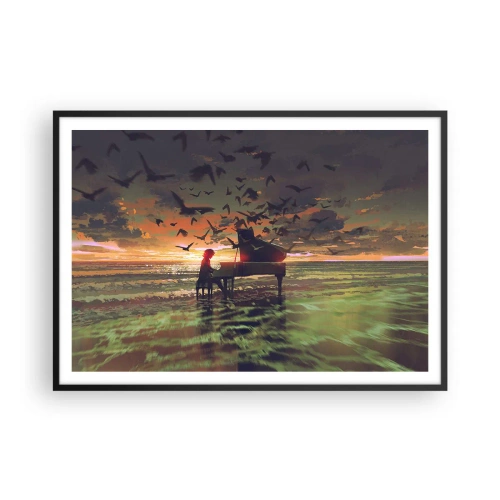Poster in cornice nera - Un pianoforte in riva al mare al tramonto con gli uccelli - 100x70cm - Concerto per pianoforte e onde - Decorazione murale moderna per soggiorno e camera da letto ARTTOR