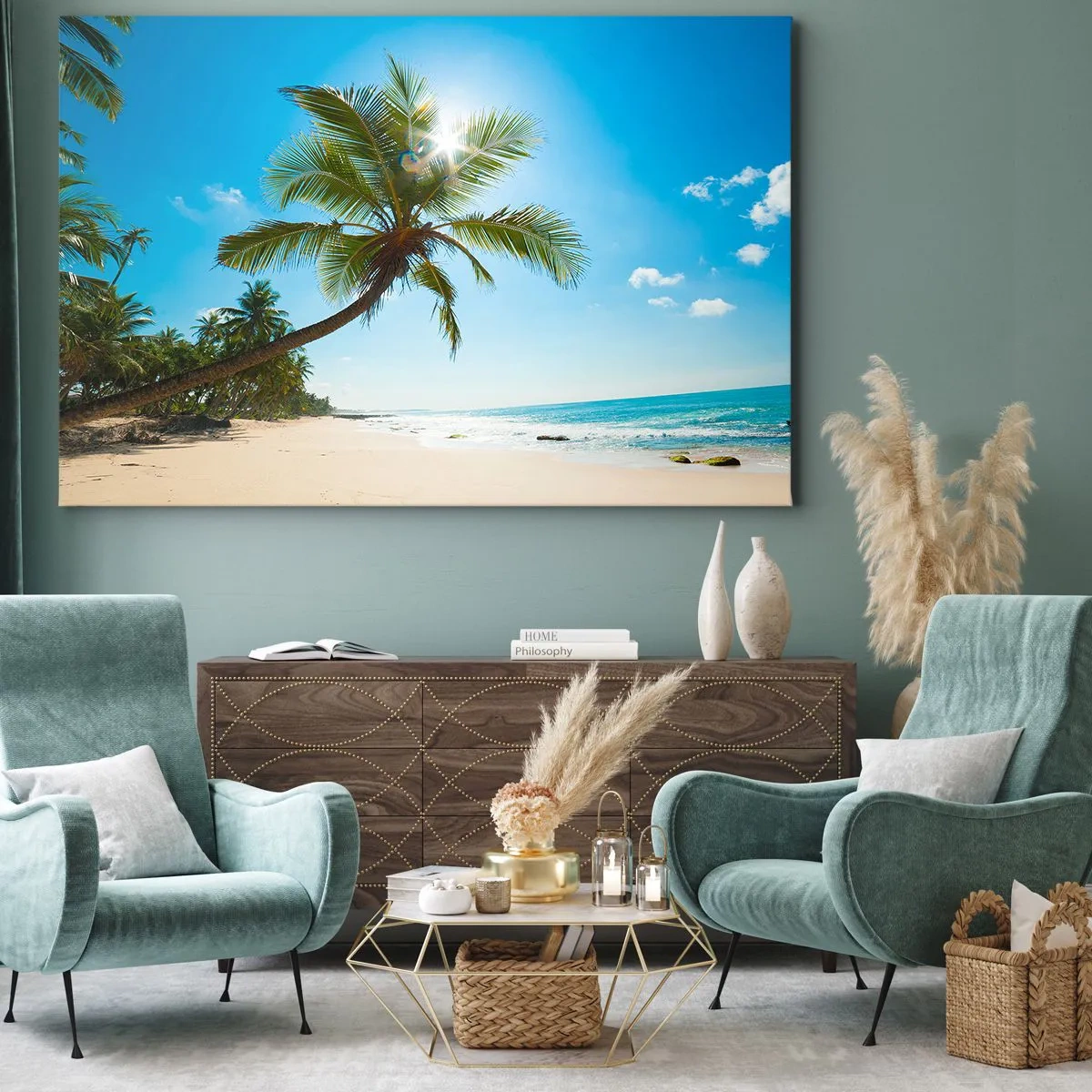 Quadro su tela - Stampe su Tela - Una spiaggia con palme in un paesaggio tropicale - 120x80cm - Non farlo vedere a nessuno - Decorazione murale moderna per soggiorno e camera da letto ARTTOR