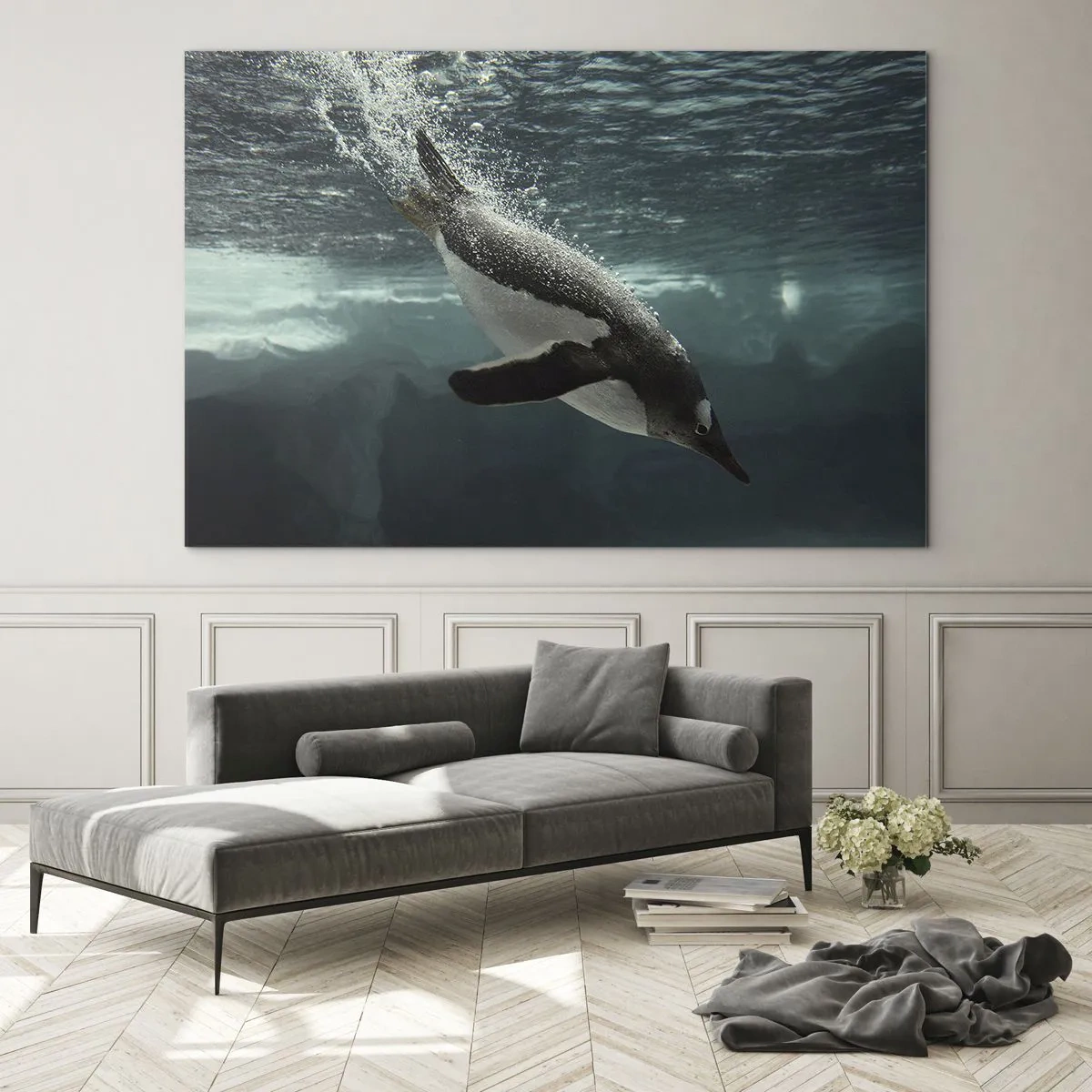 Quadro su vetro - Pinguino sott'acqua - 100x70cm - Benvenuto nel mio mondo - Decorazione murale moderna per soggiorno e camera da letto ARTTOR
