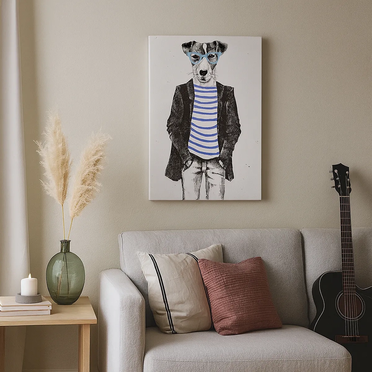 Quadro su tela - Stampe su Tela - Ritratto di un cane con occhiali e camicia da marinaio in stile umoristico - 50x70cm - Incantesimo sul cane - Decorazione murale moderna per soggiorno e camera da letto ARTTOR
