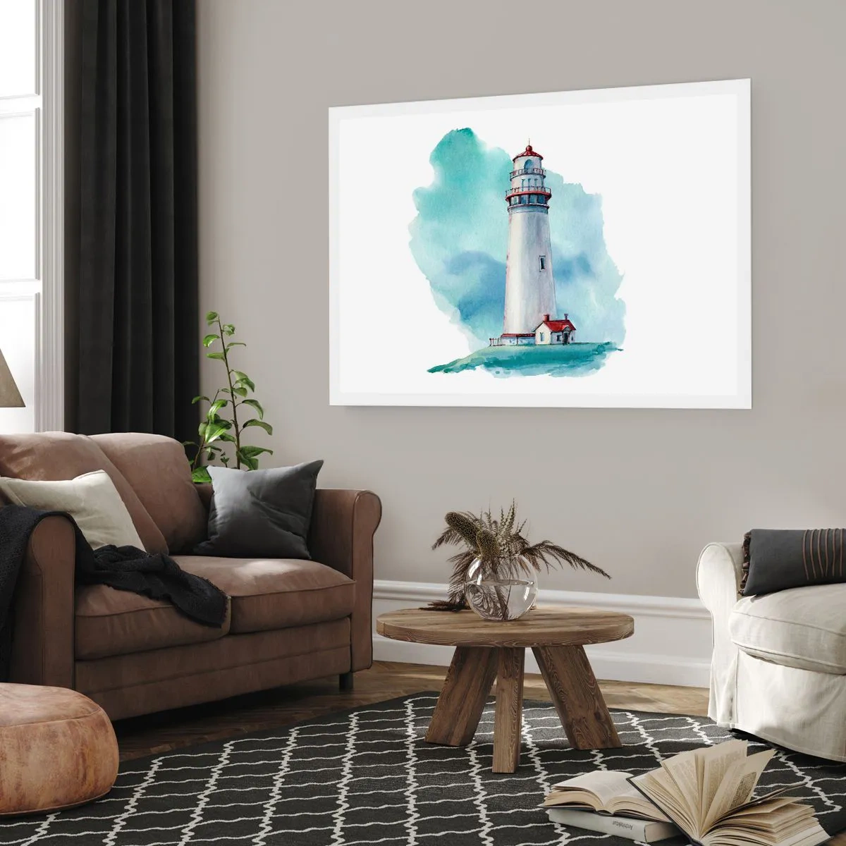 Poster - Un faro su uno sfondo blu acquerello - 100x70cm - Il mite amico del blu - Decorazione murale moderna per soggiorno e camera da letto ARTTOR