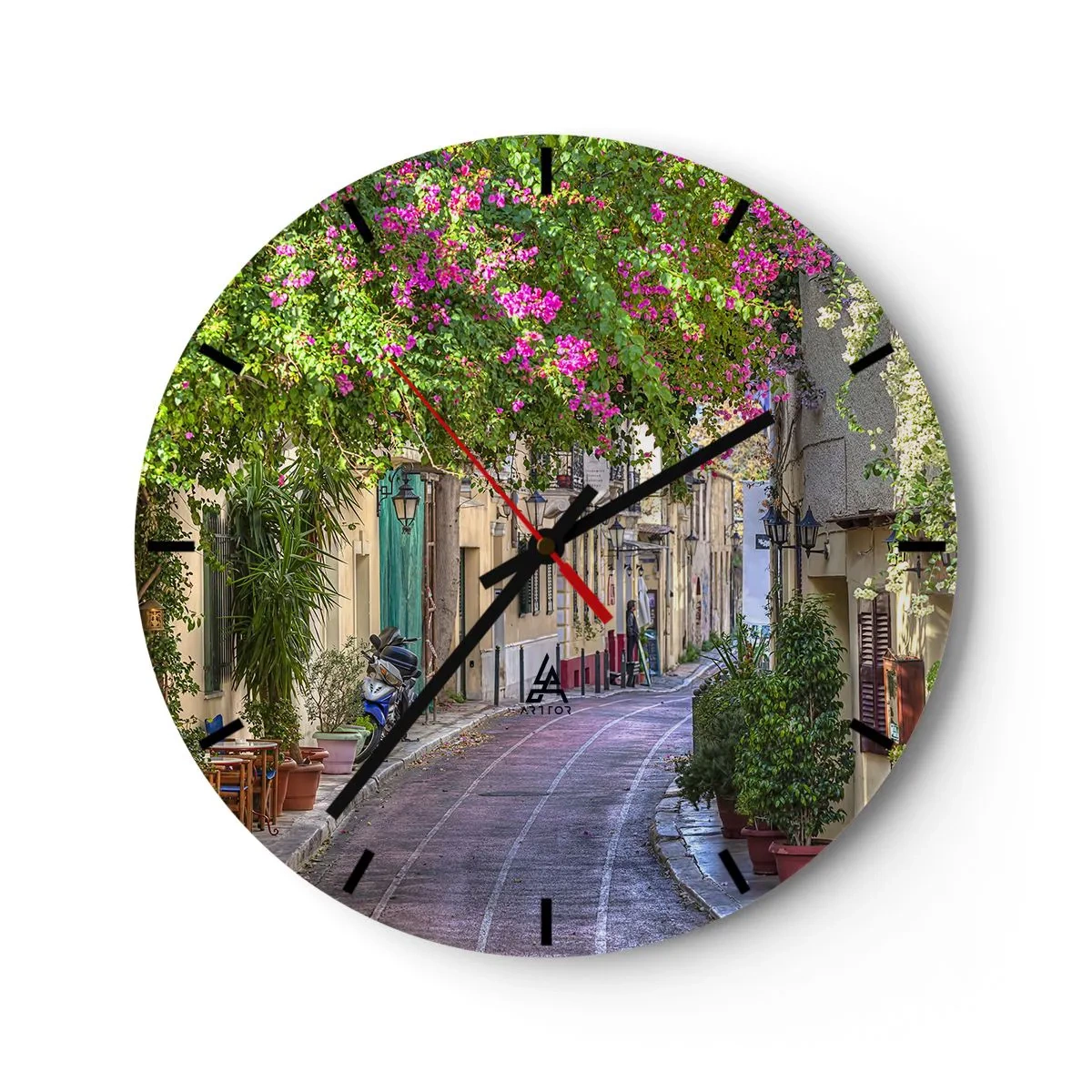 Orologio da parete - Orologio in Vetro - Una strada affascinante con fiori in fiore in stile meridionale - 30x30cm - Angolo fiorito - Decorazione murale moderna per soggiorno, cucina e camera da letto ARTTOR