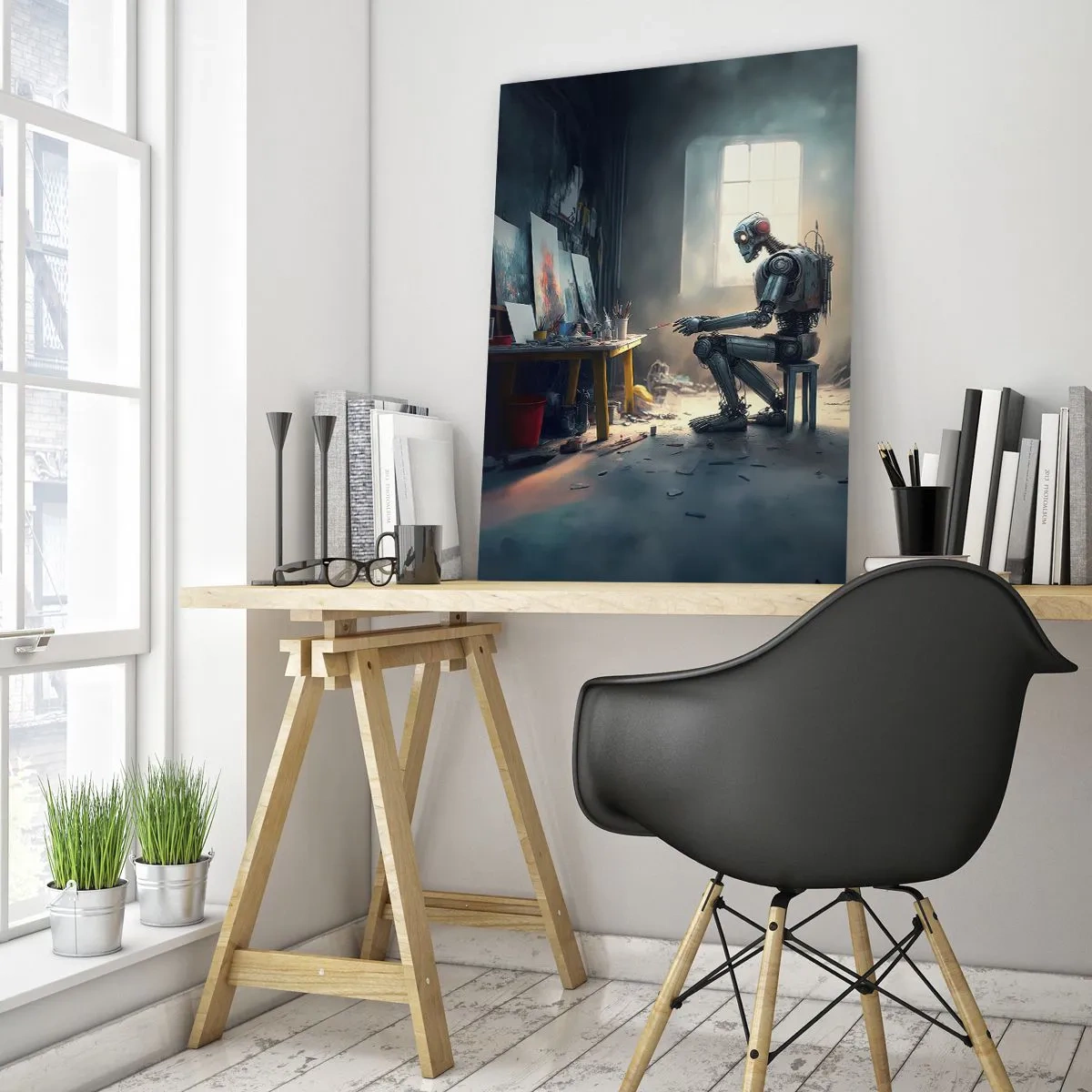 Quadro su vetro - Un robot che dipinge quadri in uno studio d'arte - 50x70cm - Atto creativo - Decorazione murale moderna per soggiorno e camera da letto ARTTOR