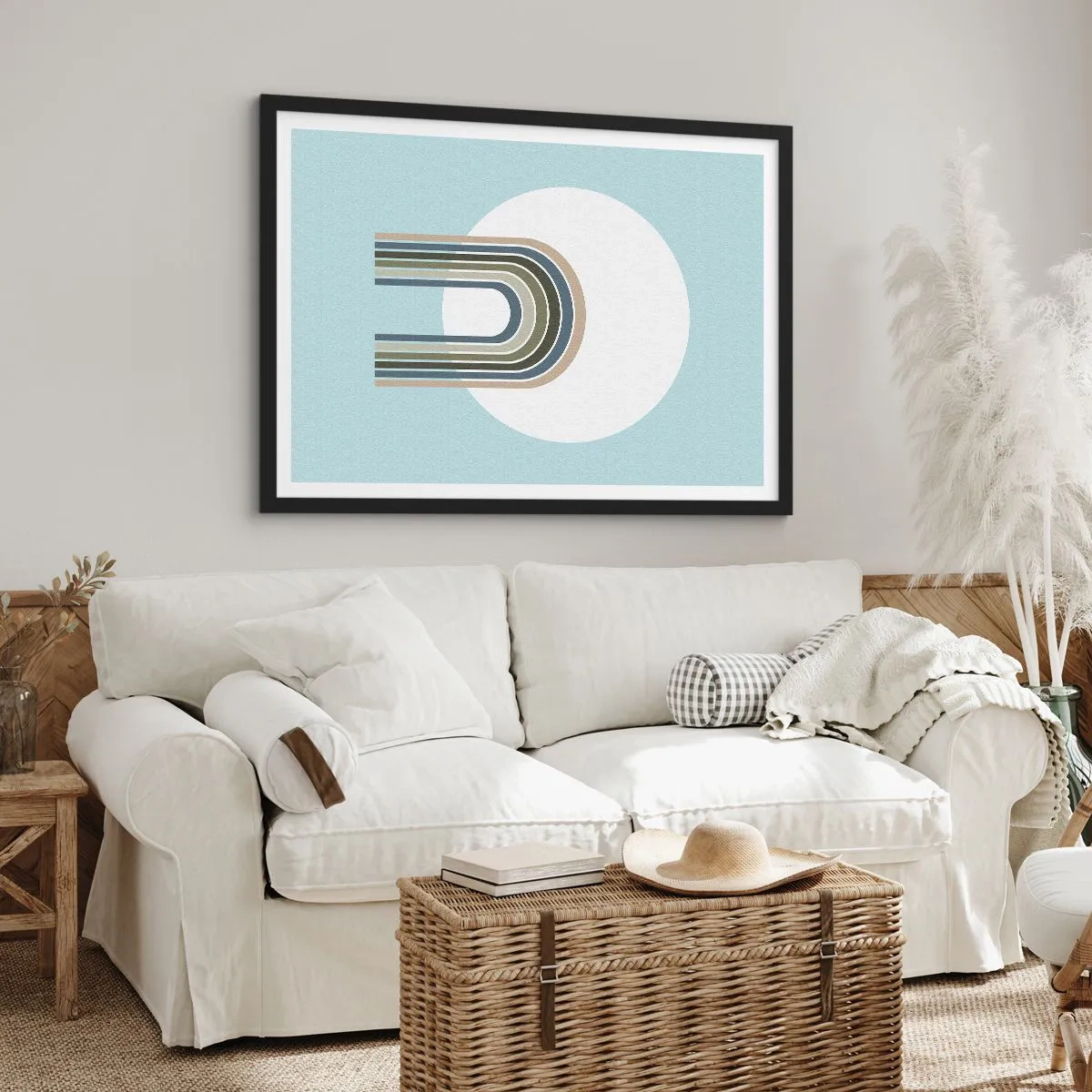 Poster in cornice nera - Una composizione minimalista con un cerchio e delle linee su uno sfondo pastello. - 100x70cm - Attrazione irresistibile - Decorazione murale moderna per soggiorno e camera da letto ARTTOR