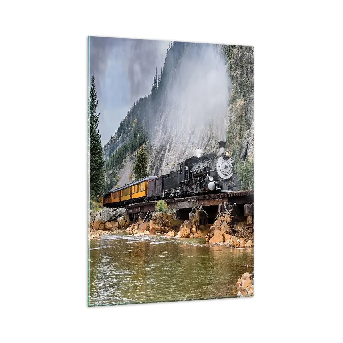 Quadro su vetro - Una locomotiva a vapore su un ponte in un pittoresco paesaggio montano - 80x120cm - Dove andiamo? - Decorazione murale moderna per soggiorno e camera da letto ARTTOR