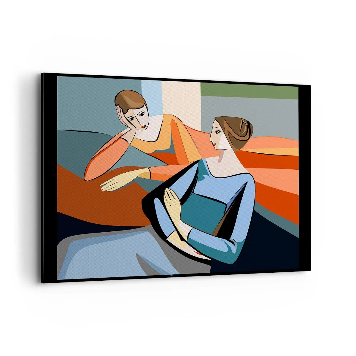 Quadro su tela - Stampe su Tela - Illustrazione astratta di due donne in stile cubista - 100x70cm - Il momento delle confidenze - Decorazione murale moderna per soggiorno e camera da letto ARTTOR