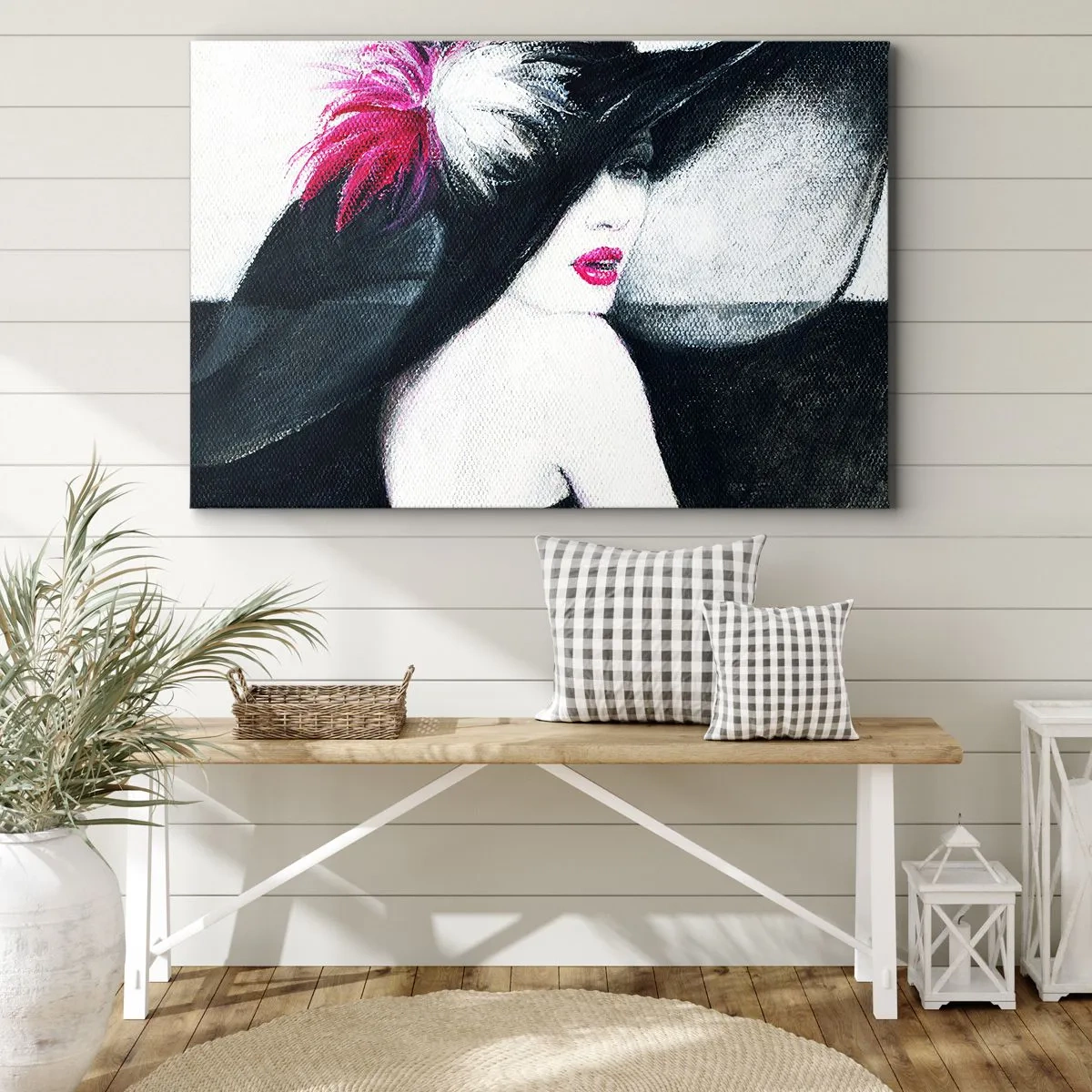 Quadro su tela - Stampe su Tela - Donna elegante con cappello piumato - 70x50cm - Sempre un mistero - Decorazione murale moderna per soggiorno e camera da letto ARTTOR