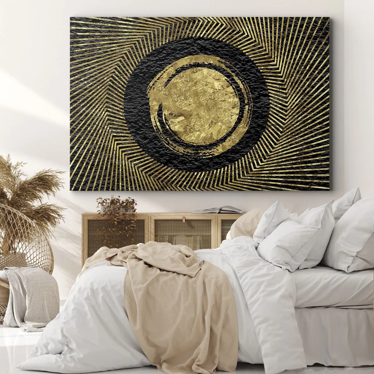 Quadro su tela - Stampe su Tela - Composizione geometrica in nero e oro con raggi - 120x80cm - Composizione glamour - Decorazione murale moderna per soggiorno e camera da letto ARTTOR
