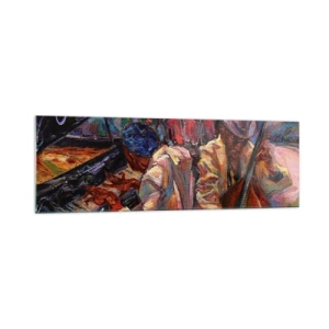 Quadro su vetro - Scena jazz energica con musicisti e strumenti - 160x50cm - In un unico ritmo - Decorazione murale moderna per soggiorno e camera da letto ARTTOR