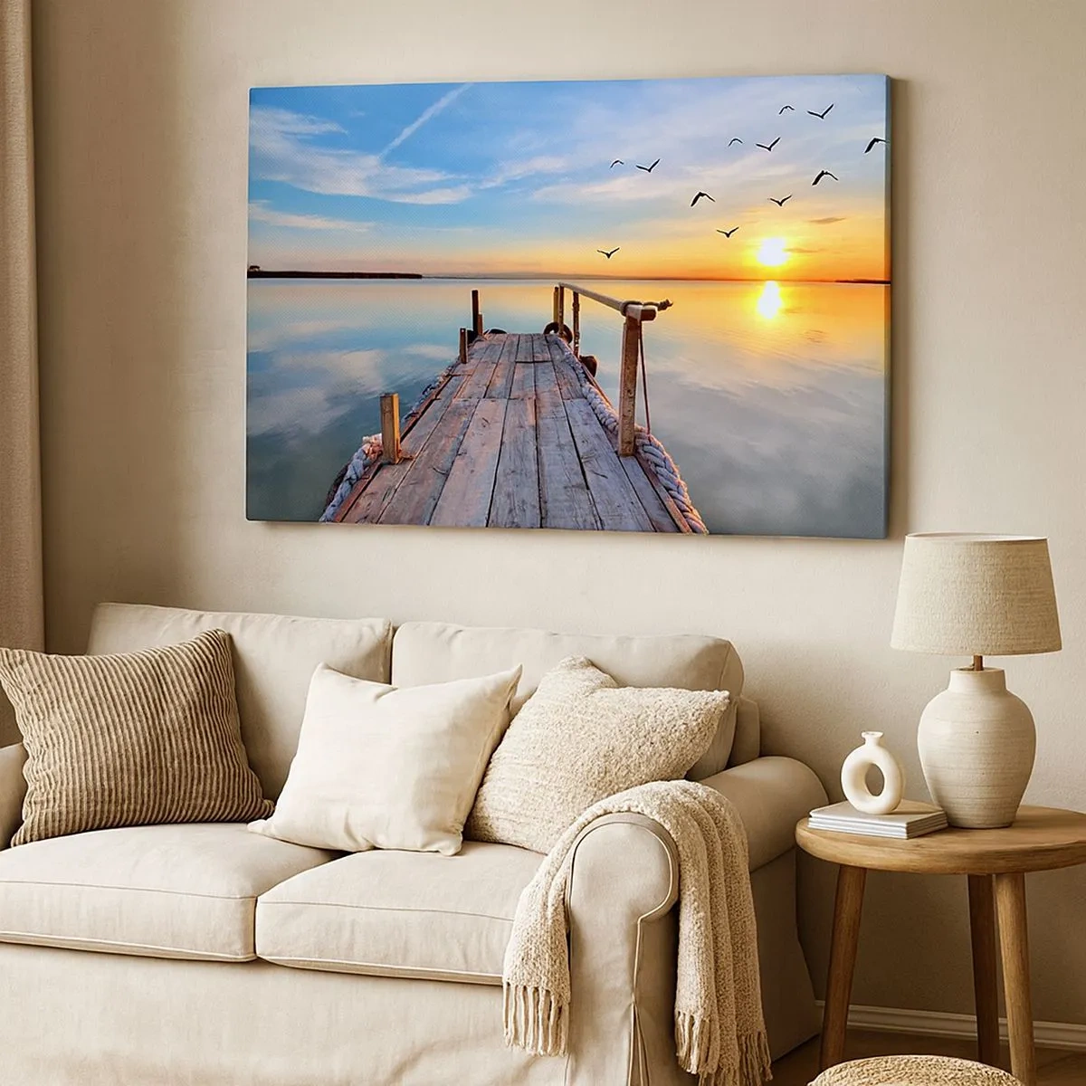 Quadro su tela - Stampe su Tela - Molo di legno al tramonto su un lago calmo - 70x50cm - Camminando verso il sole - Decorazione murale moderna per soggiorno e camera da letto ARTTOR