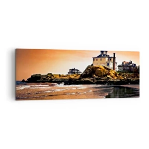 Quadro su tela - Stampe su Tela - Una casa su una roccia vicino alla spiaggia al tramonto con il suo riflesso nell'acqua - 140x50cm - L'eleganza della costa ovest - Decorazione murale moderna per soggiorno e camera da letto ARTTOR