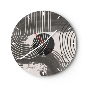 Orologio da parete - Orologio in Vetro - Linee bianche e nere in un ritmo ondulato che circondano un cerchio nero - 30x30cm - L'ovale vittorioso - Decorazione murale moderna per soggiorno, cucina e camera da letto ARTTOR