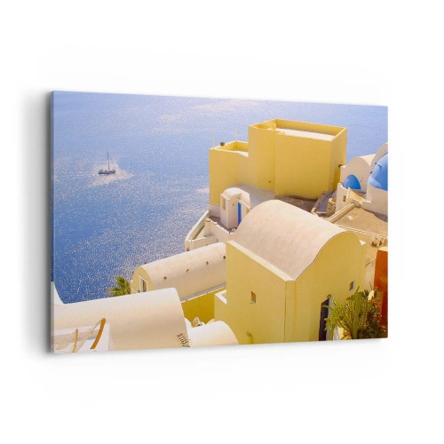 Quadro su tela - Stampe su Tela - Architettura greca con vista sul mare e una barca sullo sfondo - 100x70cm - Paesaggio greco in bianco e blu - Decorazione murale moderna per soggiorno e camera da letto ARTTOR