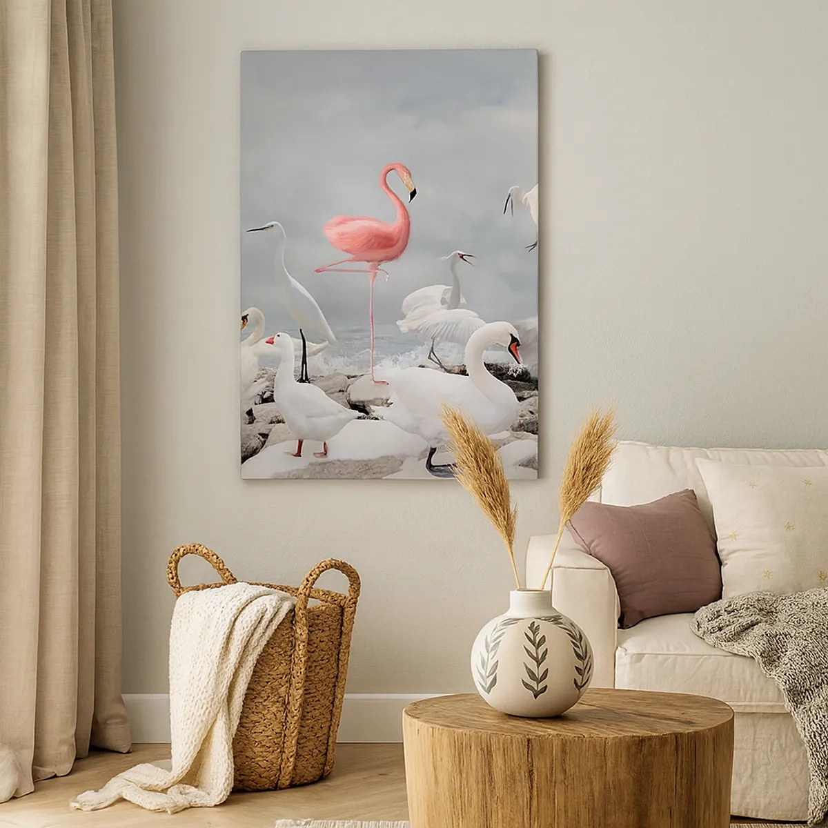 Quadro su tela - Stampe su Tela - Un fenicottero rosa tra cigni bianchi sullo sfondo di un lago - 50x70cm - Come sono arrivato qui? - Decorazione murale moderna per soggiorno e camera da letto ARTTOR