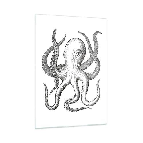 Quadro su vetro - Disegno in bianco e nero di un polpo su sfondo bianco - 50x70cm - Ballando con le onde - Decorazione murale moderna per soggiorno e camera da letto ARTTOR