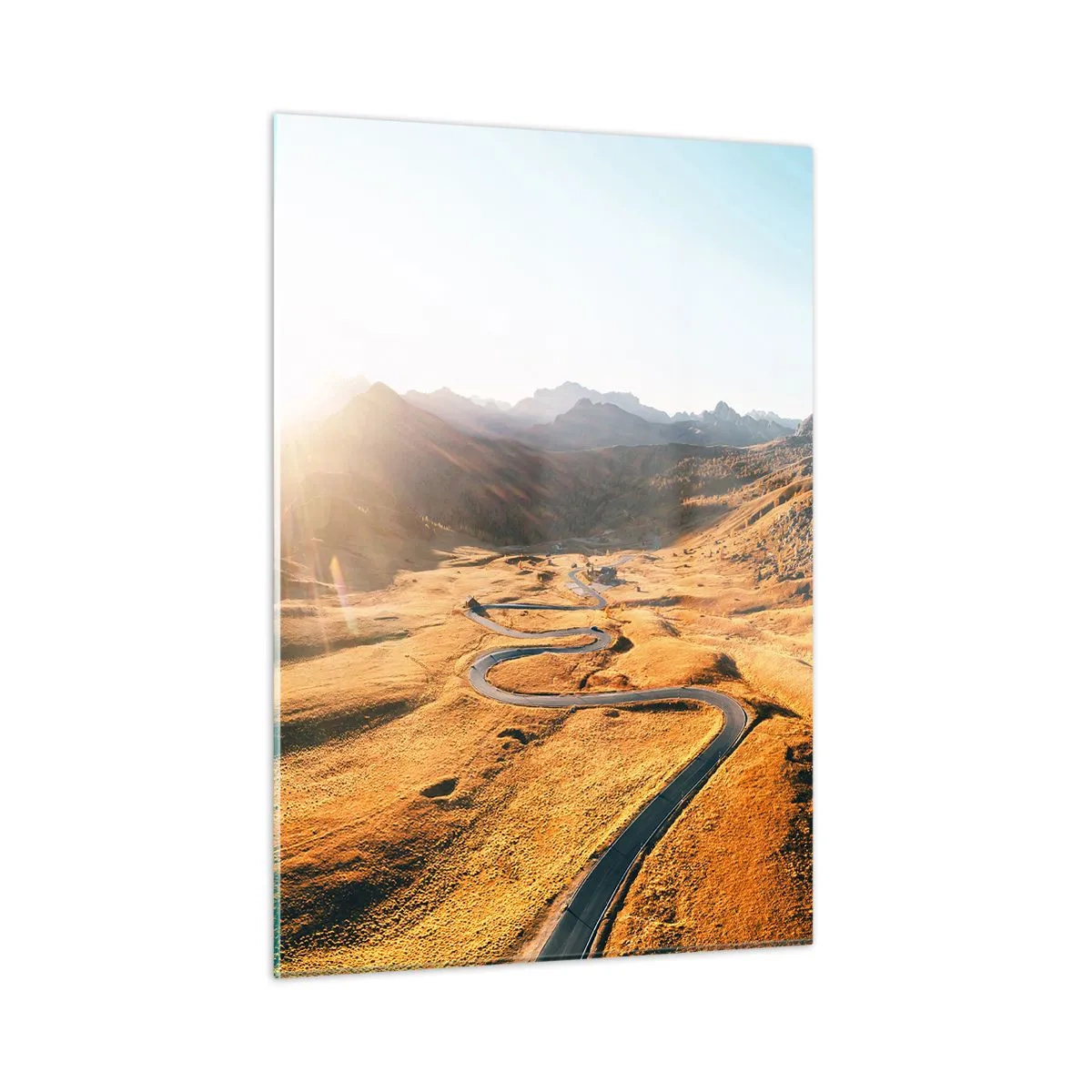 Quadro su vetro - Una strada tortuosa in una valle dorata illuminata dal sole - 50x70cm - Nella valle dorata - Decorazione murale moderna per soggiorno e camera da letto ARTTOR