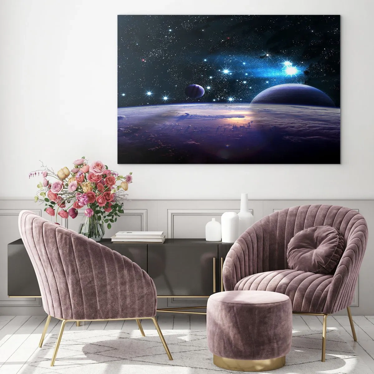 Quadro su vetro - Un paesaggio spaziale con pianeti e stelle sullo sfondo di una galassia. - 100x70cm - Sempre da soli? - Decorazione murale moderna per soggiorno e camera da letto ARTTOR