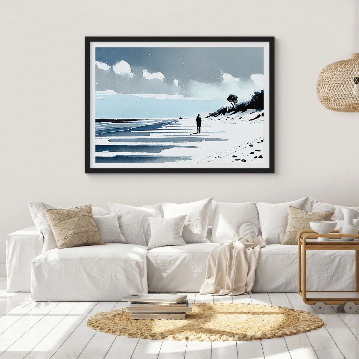 Poster in cornice nera - Una figura solitaria che cammina su una spiaggia deserta - 70x50cm - Solo con se stesso - Decorazione murale moderna per soggiorno e camera da letto ARTTOR