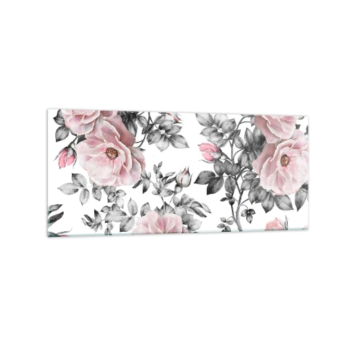 Quadro su vetro - Rose rosa e foglie su un delicato sfondo bianco e nero - 120x50cm - Perdersi tra le rose - Decorazione murale moderna per soggiorno e camera da letto ARTTOR