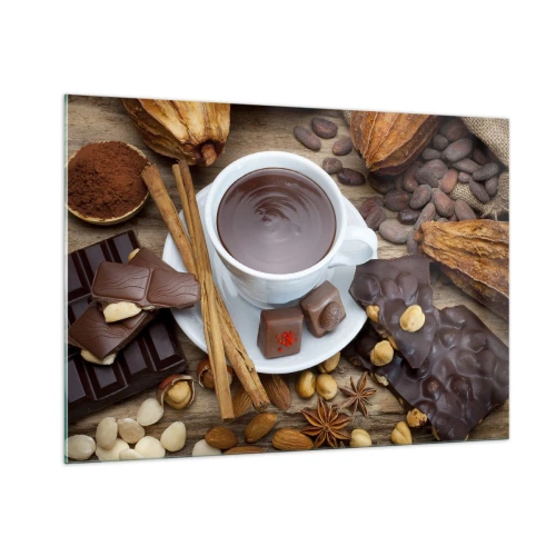Quadro su vetro - Una tazza di cioccolata calda con guarnizioni su uno sfondo rustico - 100x70cm - Dalla fantastica fabbrica di cioccolato - Decorazione murale moderna per soggiorno e camera da letto ARTTOR